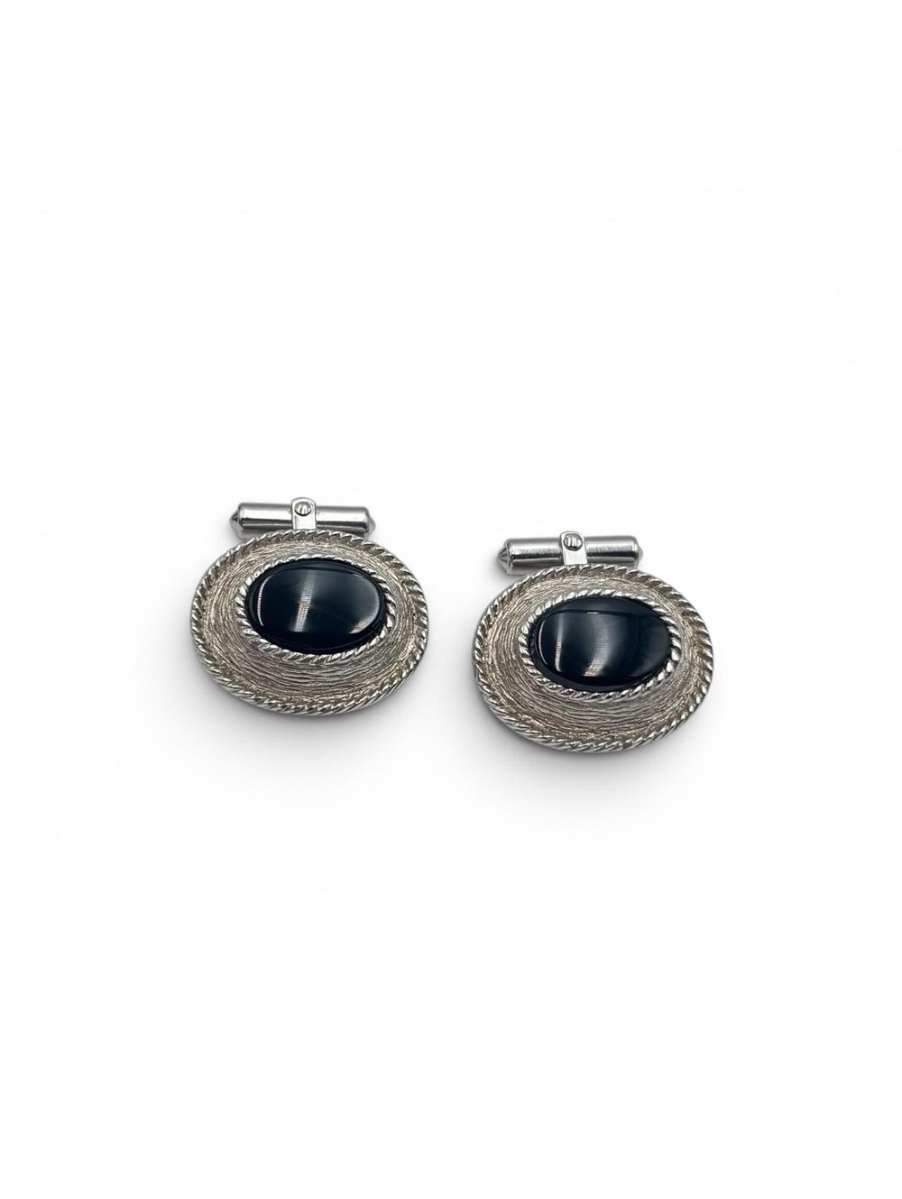 Christian Dior Silver Tone Oval Cufflinks with Black Cabochon